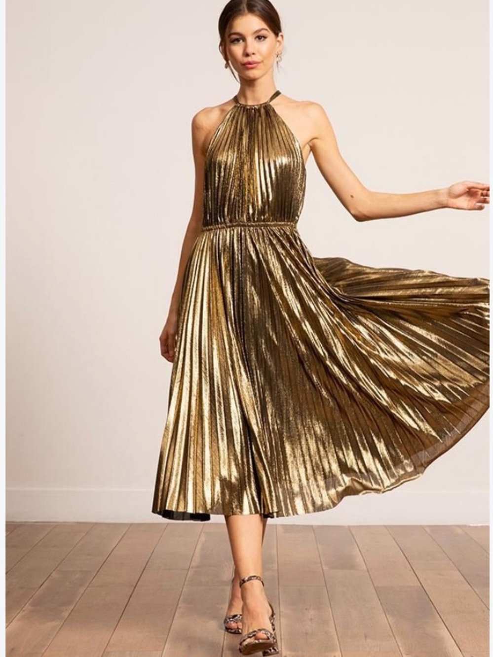 Lucy Paris Metallic Gold Pleated Halter Midi Dress
